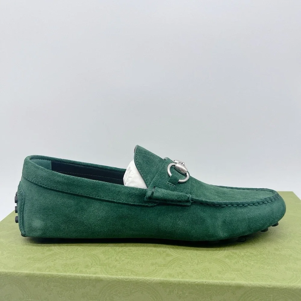Gucci Driver Loafers Moccasin GG Horsebit Vintage Green Suede Womens UK 7 US 10